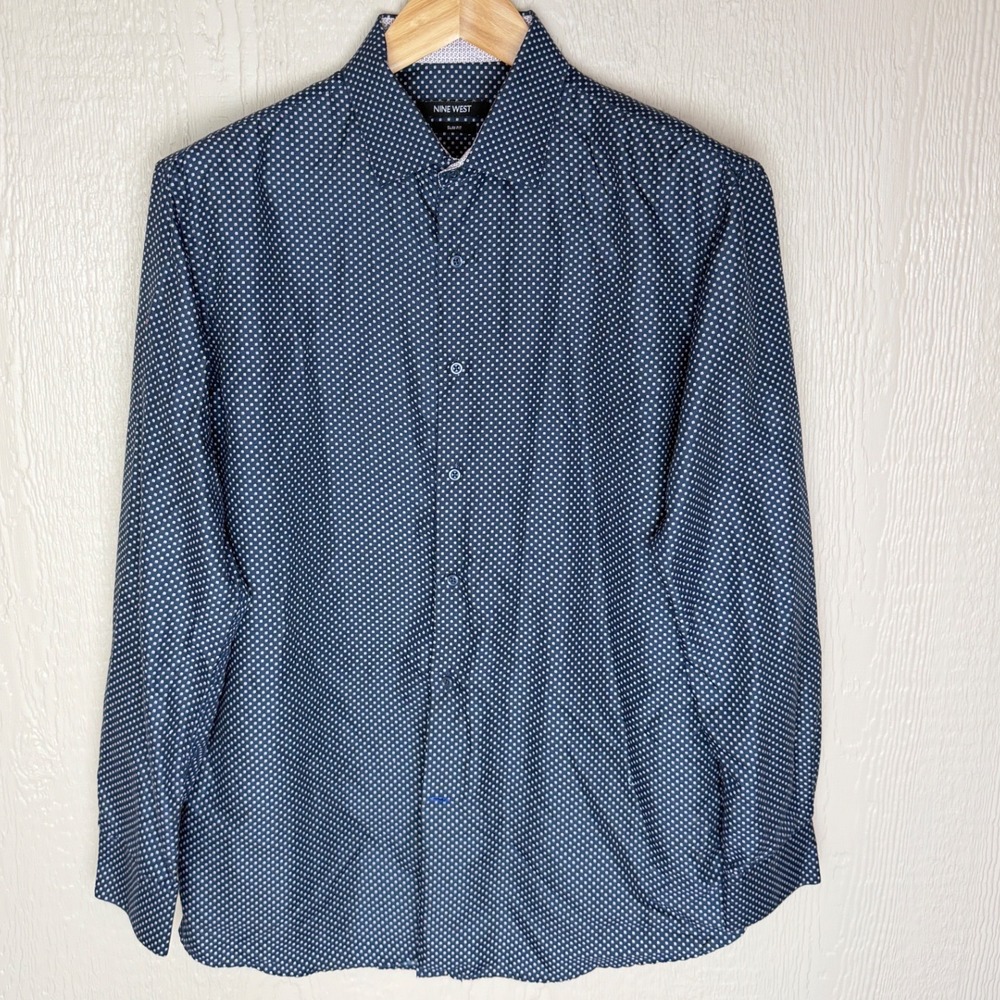 Nine West Mens Slim Fit Button Up Shirt Navy Blue Diamond Print L 16-16.5 34/35